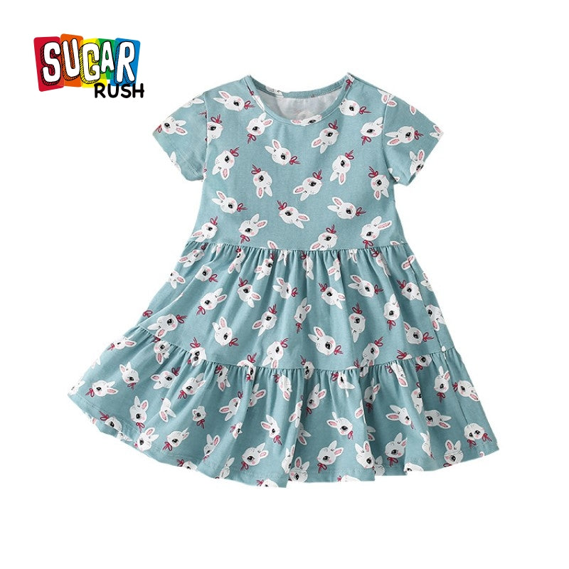 Blue & White Printed Layered Cotton A-Line Dress
