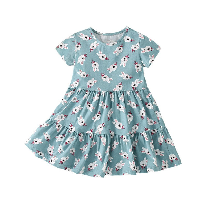 Blue & White Printed Layered Cotton A-Line Dress