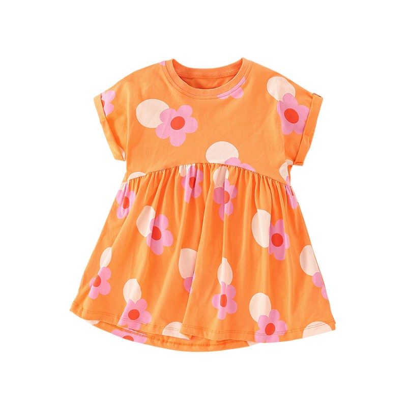 Girls Orange Round Neck Polka Dot Print Layered Fit & Flare Dress