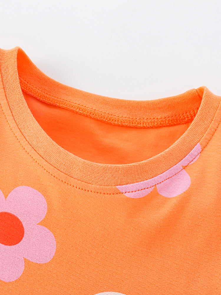 Girls Orange Round Neck Polka Dot Print Layered Fit & Flare Dress