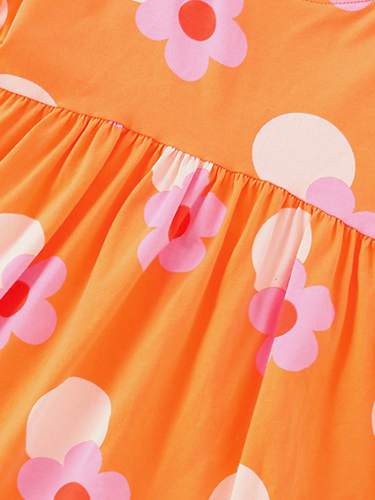 Girls Orange Round Neck Polka Dot Print Layered Fit & Flare Dress