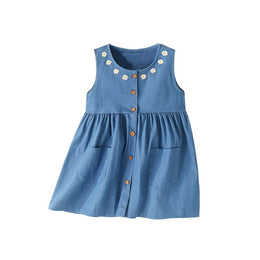 Girls Blue Round Neck Cotton A-Line Dress
