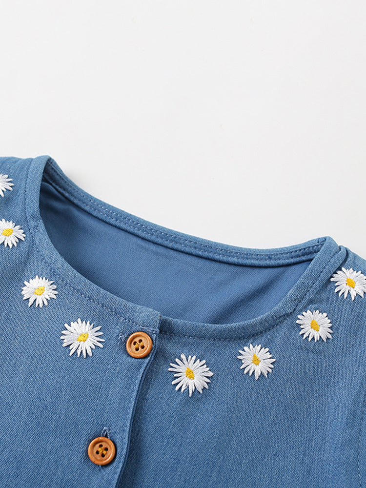 Girls Blue Round Neck Cotton A-Line Dress