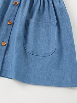 Girls Blue Round Neck Cotton A-Line Dress