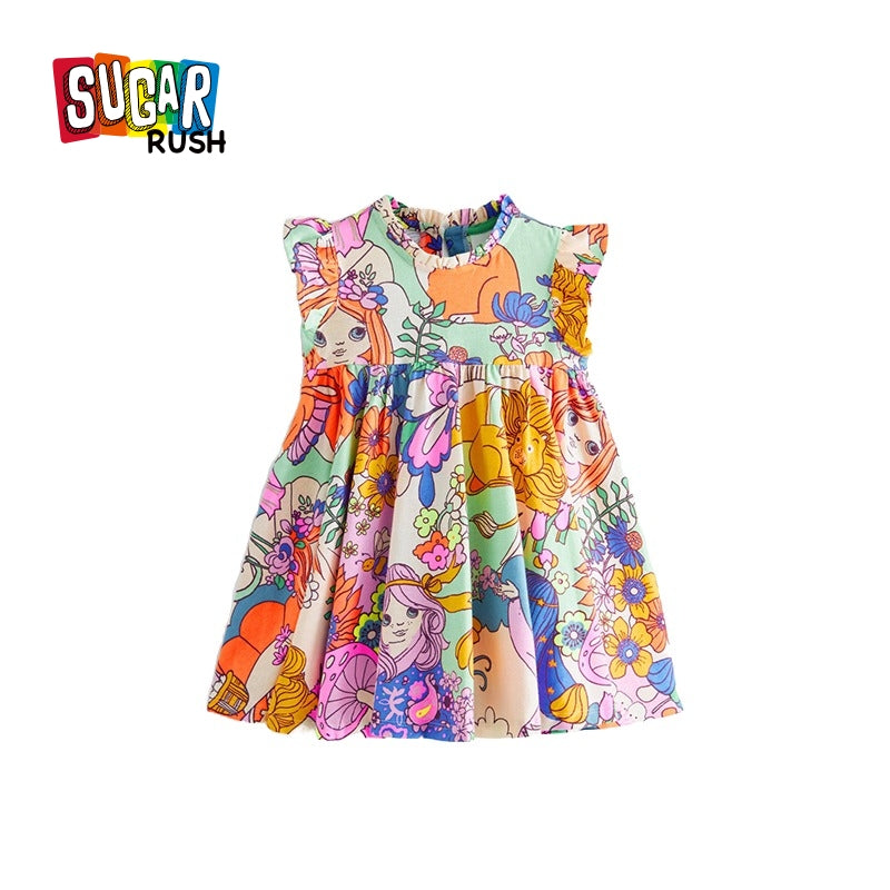 Girls Conversational Printed Flutter Sleeves Gathered A-Line Dress