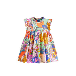 Girls Conversational Printed Flutter Sleeves Gathered A-Line Dress