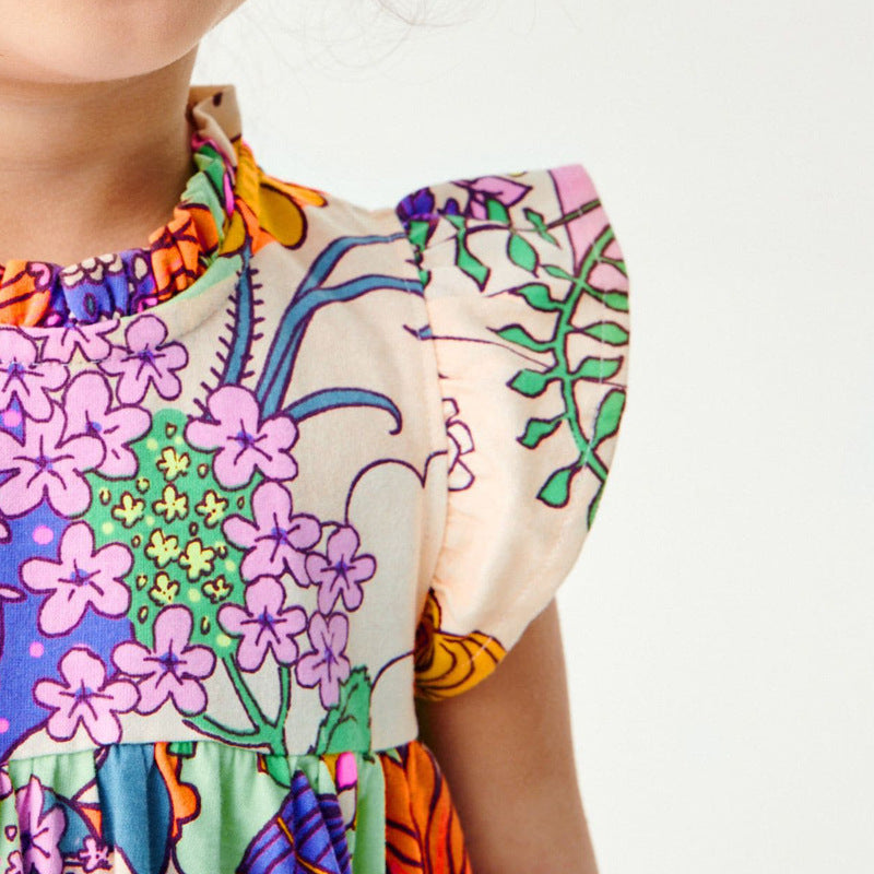 Girls Conversational Printed Flutter Sleeves Gathered A-Line Dress