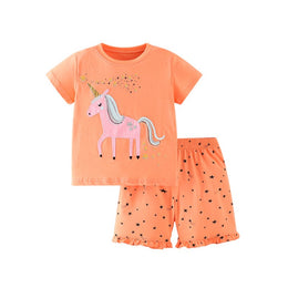 Girls Short Sleeves Round Neck Printed Top with Shorts