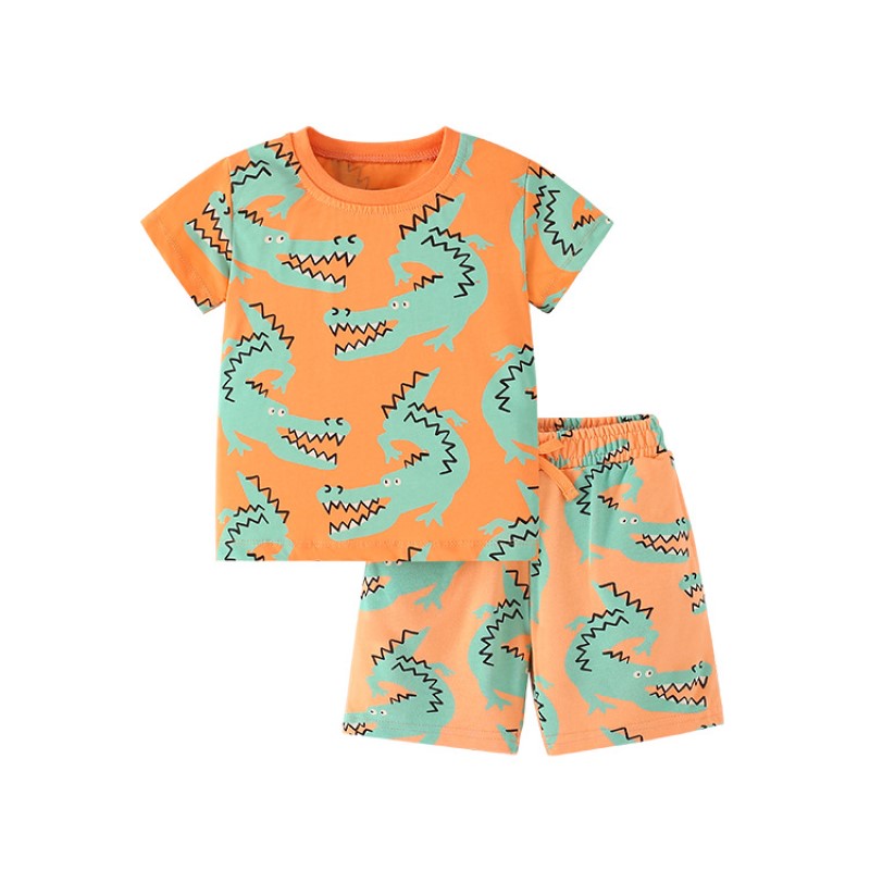 Boys Orange & Green Round Neck Printed Top with Shorts