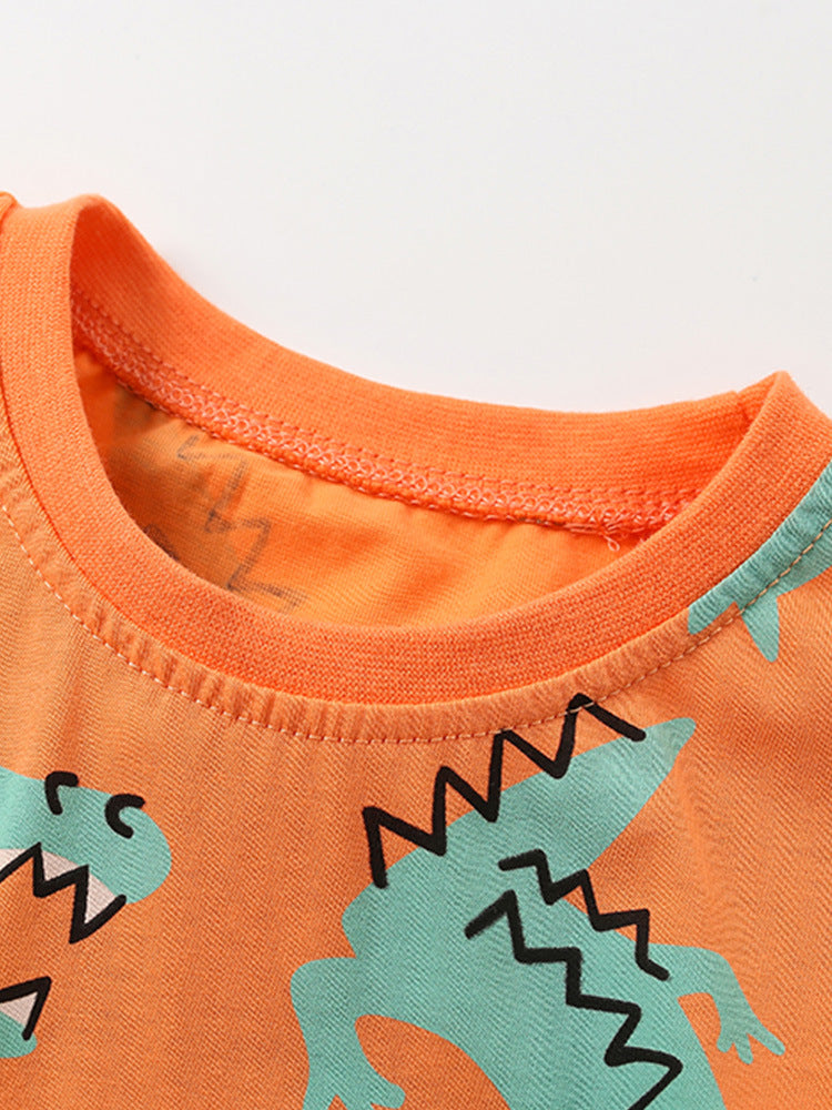 Boys Orange & Green Round Neck Printed Top with Shorts