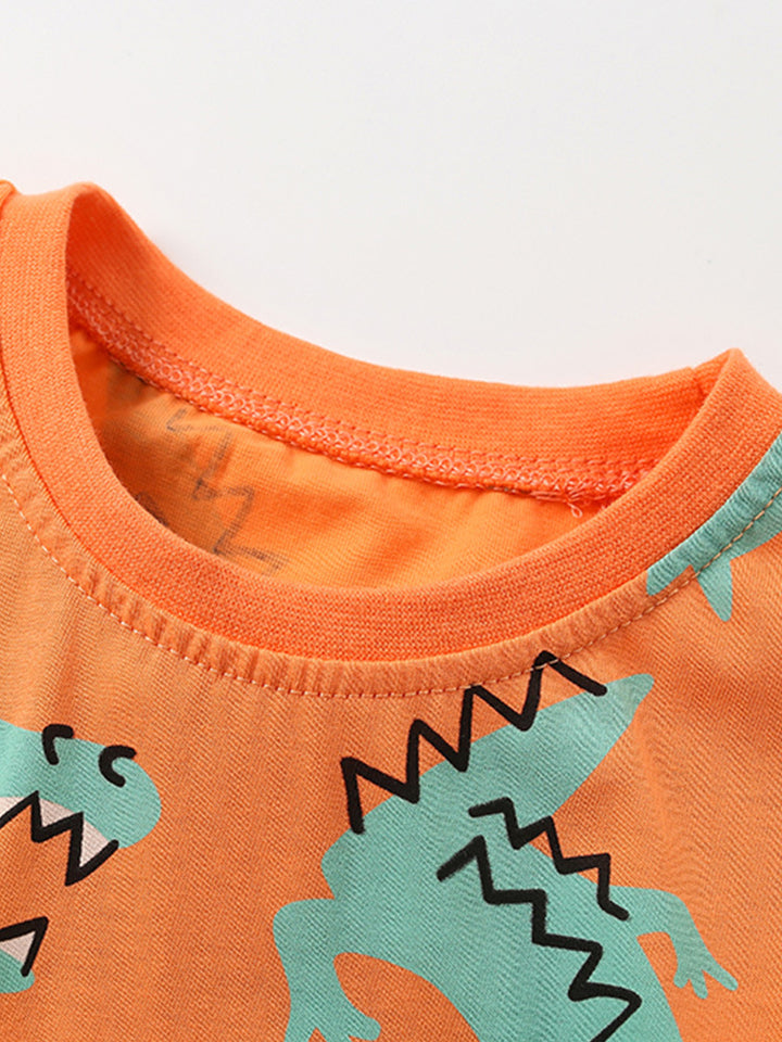 Boys Orange & Green Round Neck Printed Top with Shorts