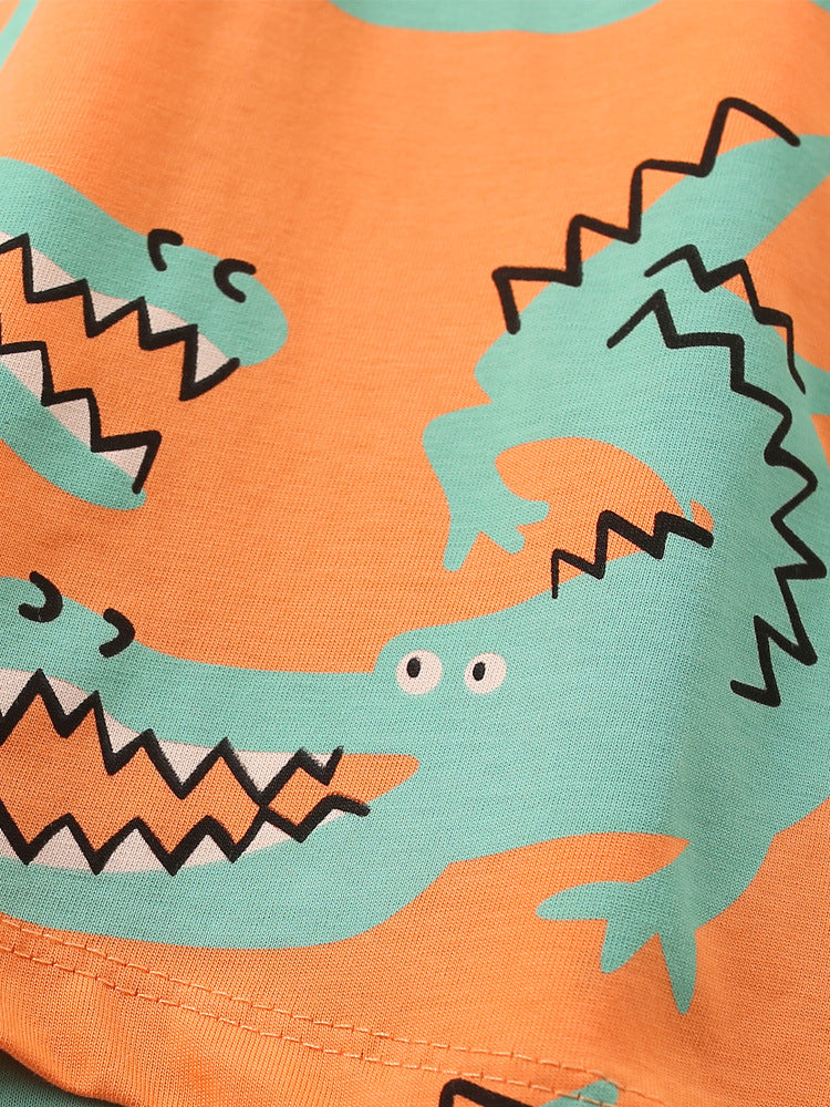 Boys Orange & Green Round Neck Printed Top with Shorts