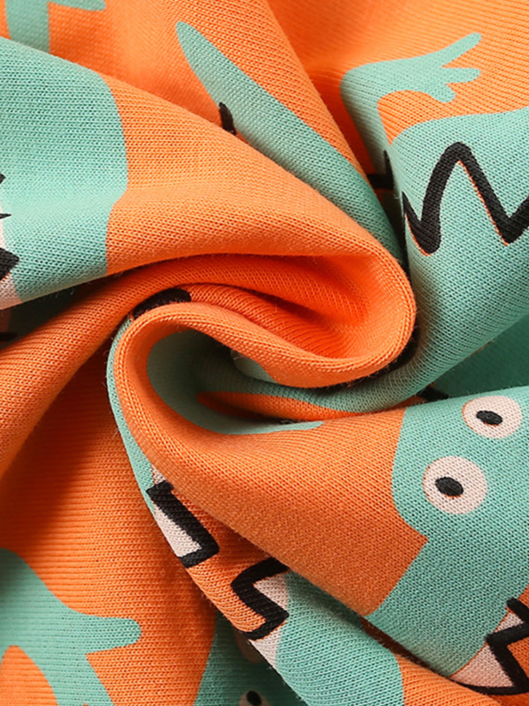 Boys Orange & Green Round Neck Printed Top with Shorts