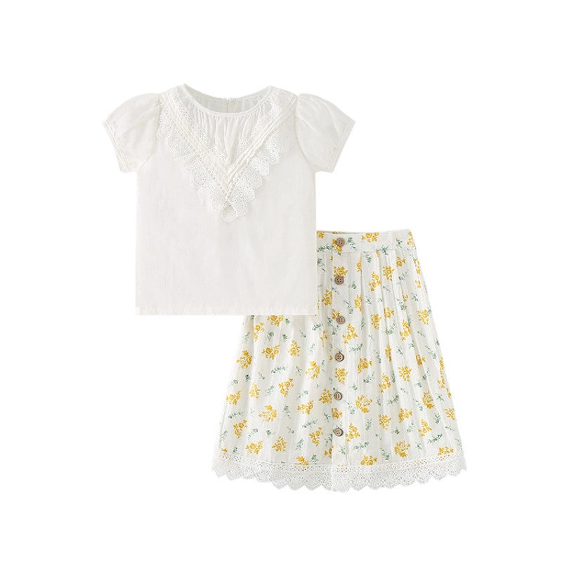 Girls White & Yellow Printed Top with Skirt
