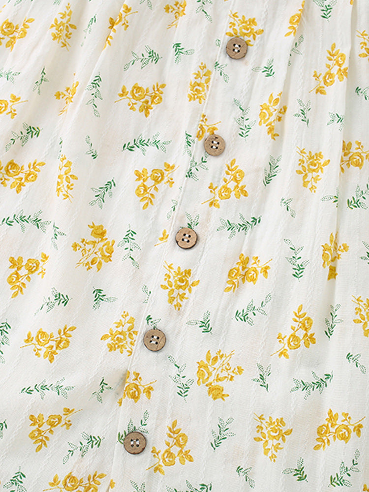 Girls White & Yellow Printed Top with Skirt