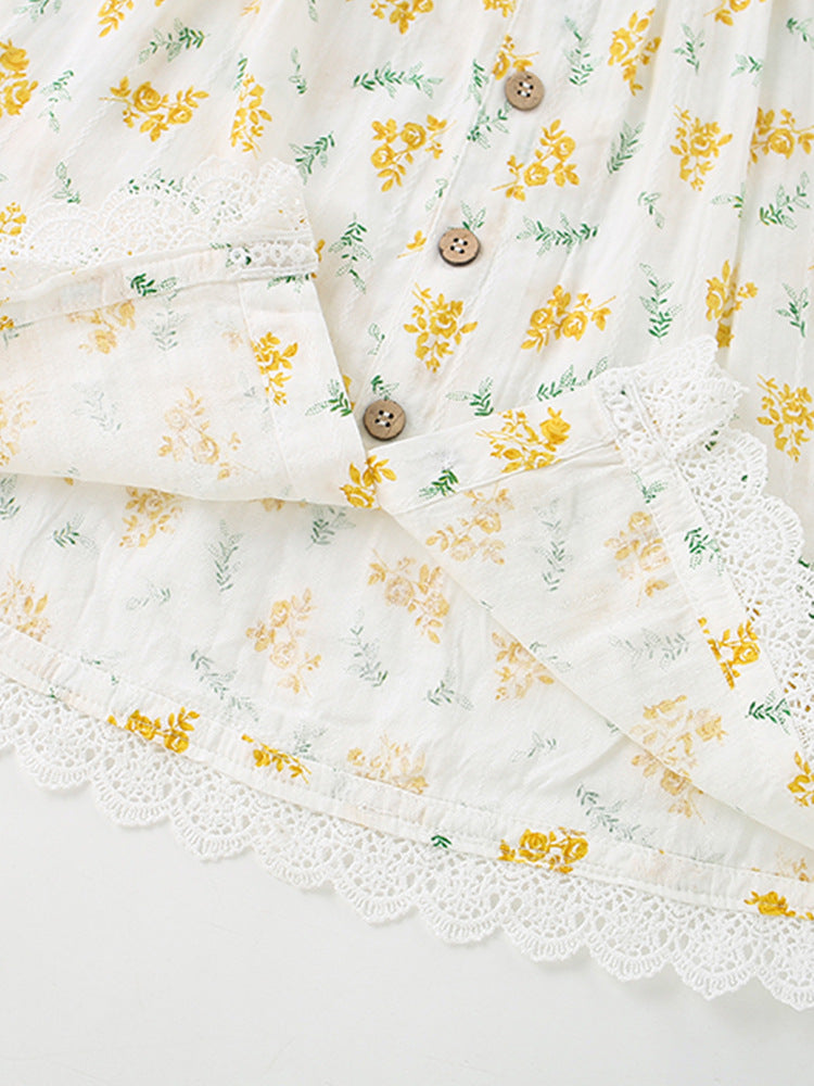 Girls White & Yellow Printed Top with Skirt