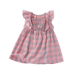 Girls Pink Square Neck Checked Flutter Sleeve Fit & Flare Dress