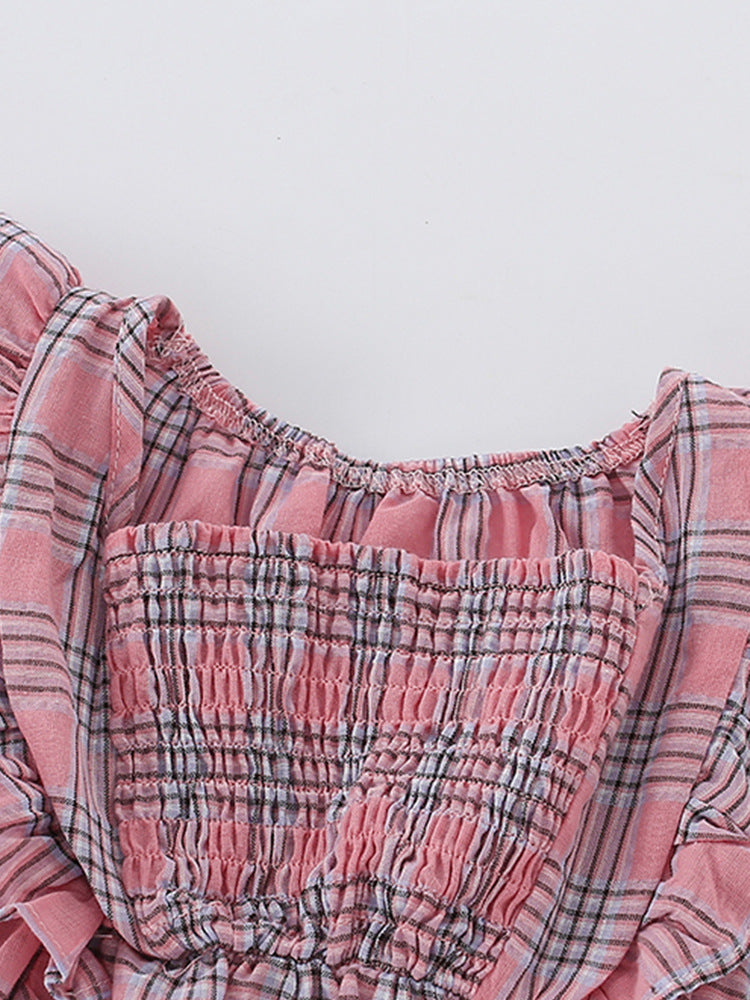 Girls Pink Square Neck Checked Flutter Sleeve Fit & Flare Dress