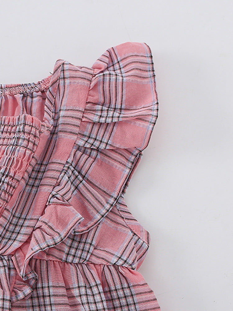 Girls Pink Square Neck Checked Flutter Sleeve Fit & Flare Dress