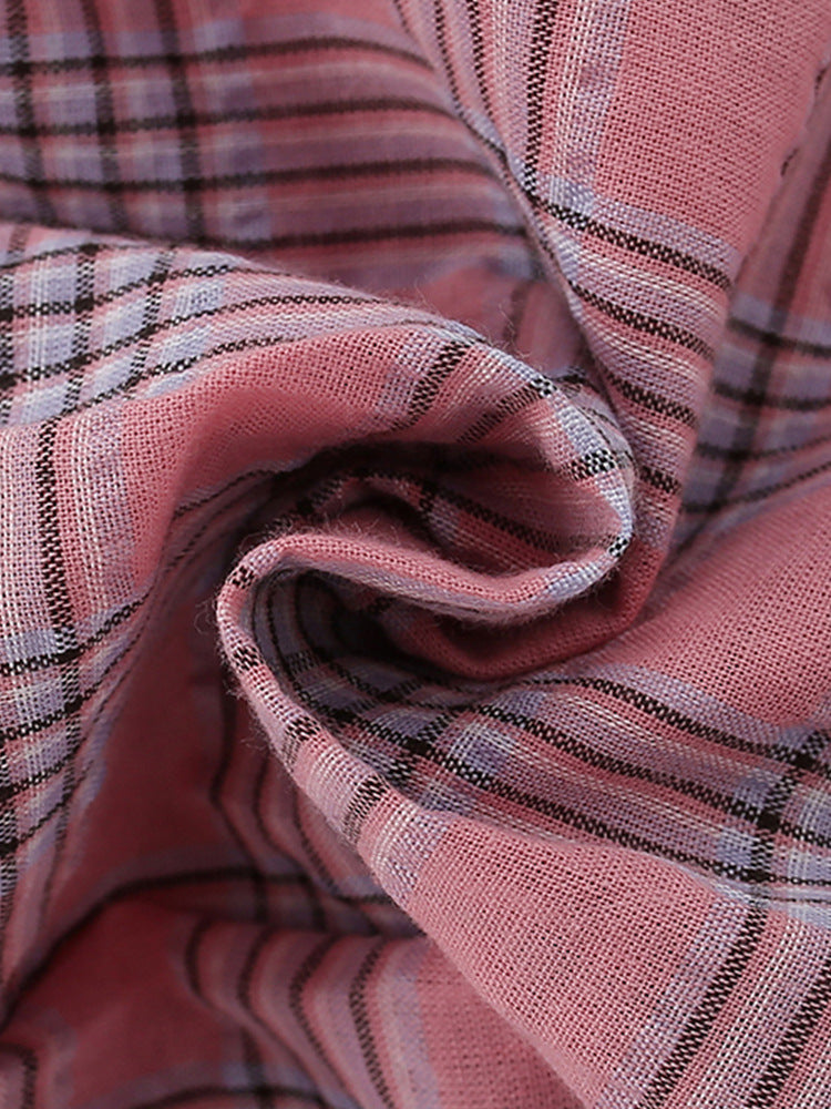 Girls Pink Square Neck Checked Flutter Sleeve Fit & Flare Dress