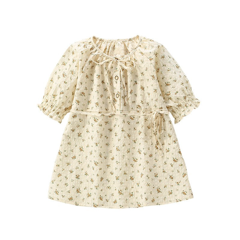 Beige & Brown Floral Printed Cotton A-Line Dress