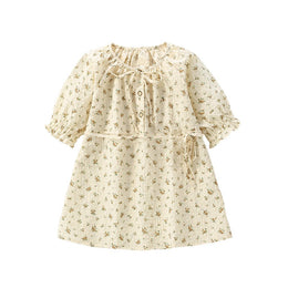 Beige & Brown Floral Printed Cotton A-Line Dress