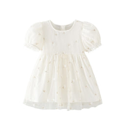 White Round Neck Puff Sleeve Fit & Flare Dress