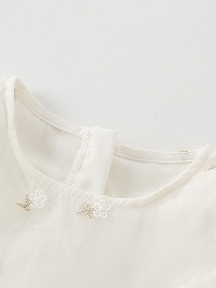 White Round Neck Puff Sleeve Fit & Flare Dress
