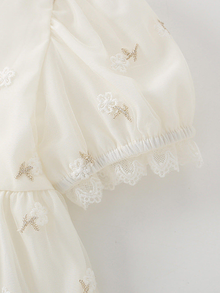 White Round Neck Puff Sleeve Fit & Flare Dress