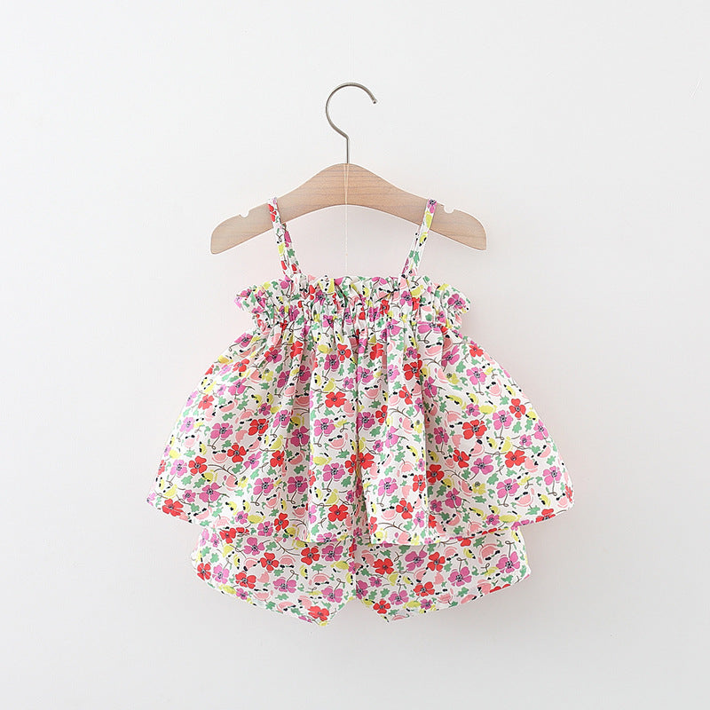 Girls White Floral Printed Shoulder Straps Pure Cotton Top With Shorts
