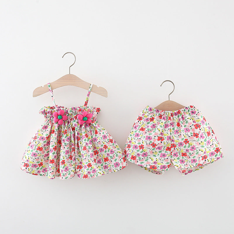 Girls White Floral Printed Shoulder Straps Pure Cotton Top With Shorts