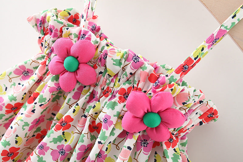 Girls White Floral Printed Shoulder Straps Pure Cotton Top With Shorts