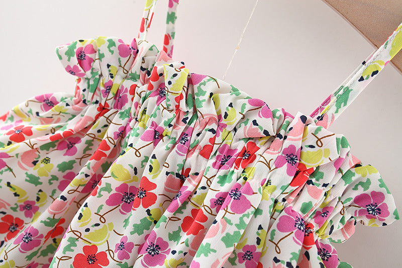 Girls White Floral Printed Shoulder Straps Pure Cotton Top With Shorts