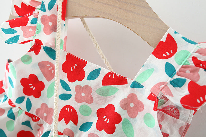 Girls Floral Print Square Neck Sleeveless Fit & Flare Dress