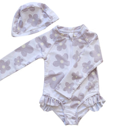 Girls Printed Round Neck Bodysuit With Cap
