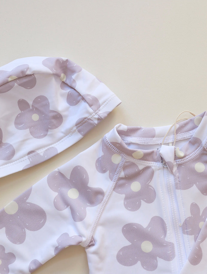 Girls Printed Round Neck Bodysuit With Cap