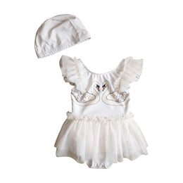 Girls Swan Printed Swim Bodysuit