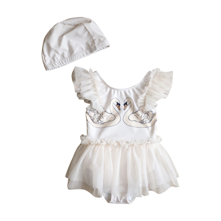 Girls Swan Printed Swim Bodysuit