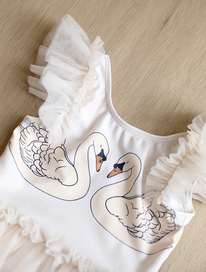 Girls Swan Printed Swim Bodysuit