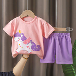 Girls Printed Short Sleeves Pure Cotton T-shirt With Shorts