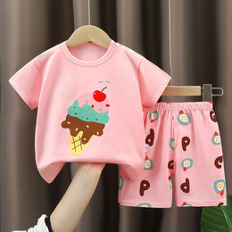 Girls Printed Short Sleeves Pure Cotton T-shirt With Shorts