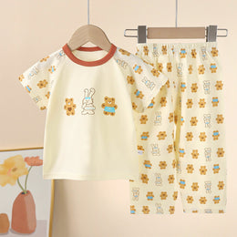 Kids Printed Short Sleeves Pure Cotton T-shirt With Trousers