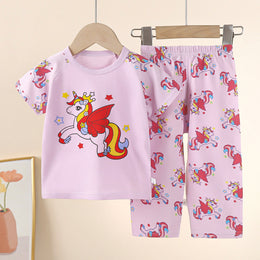 Girls Printed Short Sleeves Pure Cotton T-shirt With Trousers