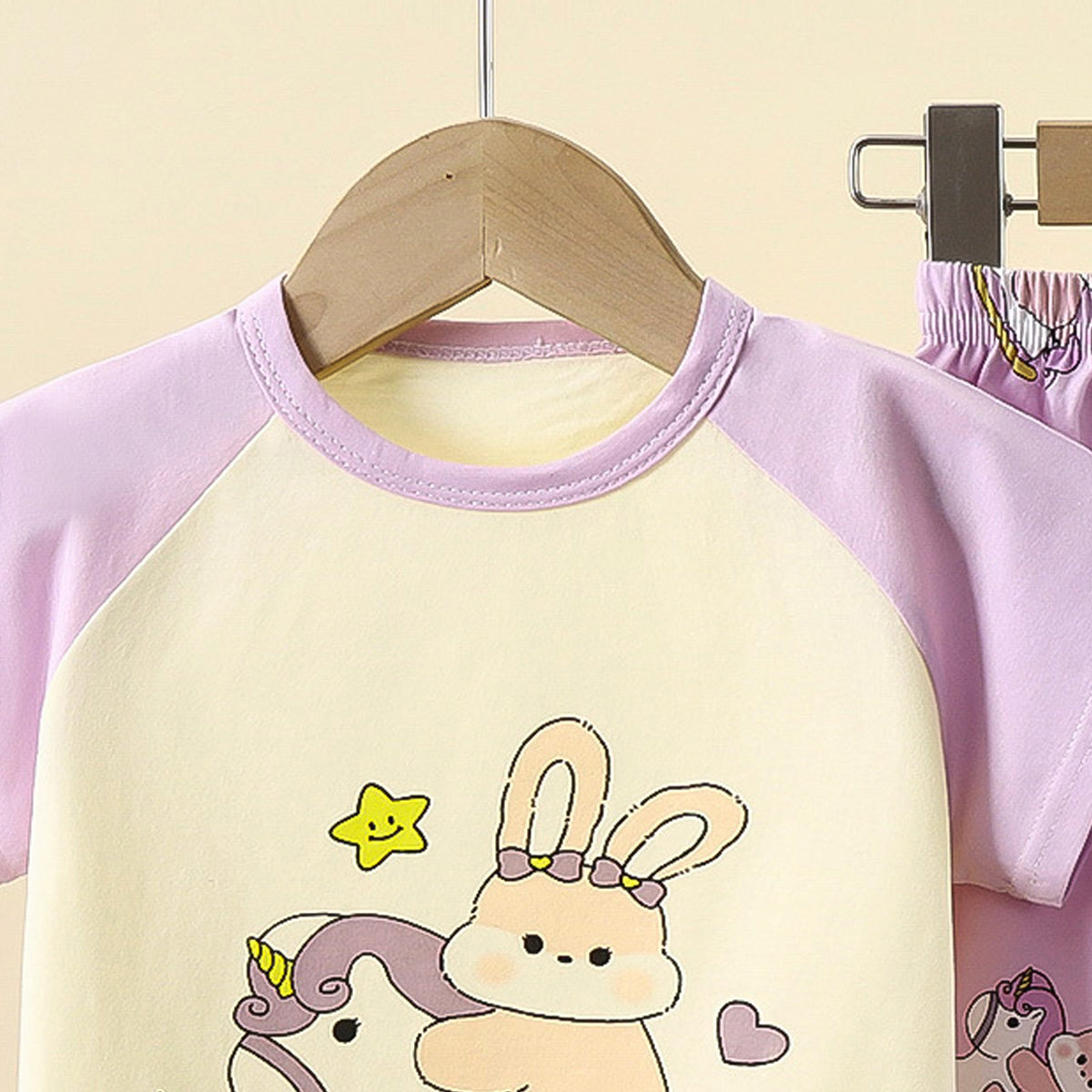 Girls Printed Short Sleeves Pure Cotton T-shirt With Trousers
