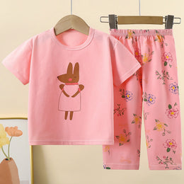 Girls Printed Short Sleeves Pure Cotton T-shirt With Trousers