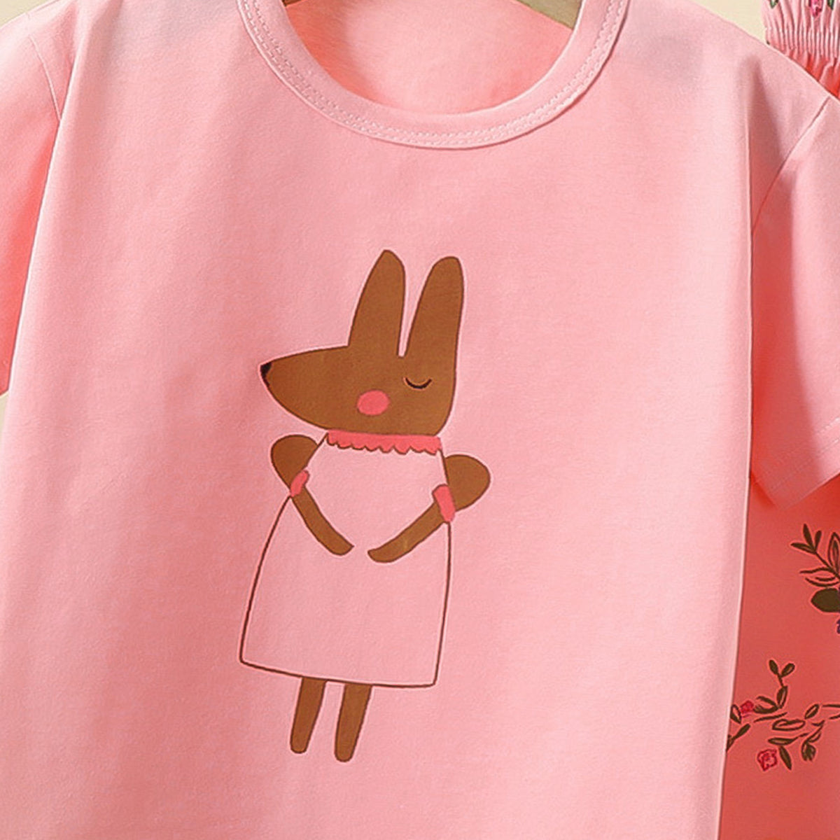 Girls Printed Short Sleeves Pure Cotton T-shirt With Trousers