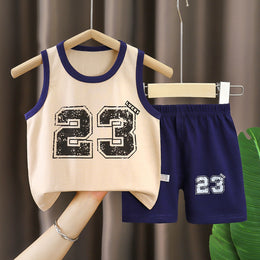 Boys Printed Sleeveless Pure Cotton T-shirt With Shorts