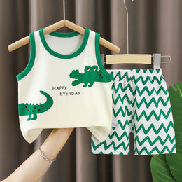 Boys Printed Sleeveless Pure Cotton T-Shirt With Shorts