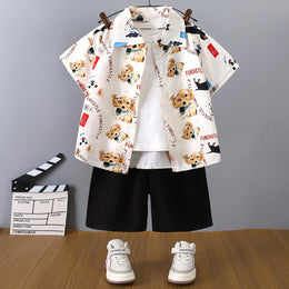 Boys Printed Short Sleeves Pure Cotton Shirt And T-shirt With Shorts