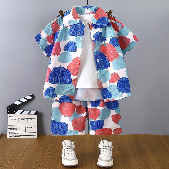 Boys Printed Short Sleeves Pure Cotton Shirt And T-shirt With Shorts